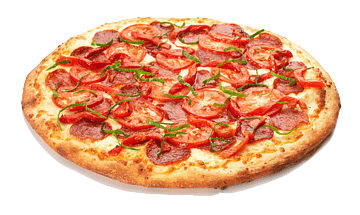 Foto de uma pizza de calabresa que está no cardápio da pizzaria Jama