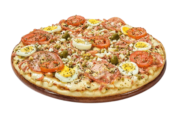 Foto de uma pizza portuguesa que está no cardápio da pizzaria Jama